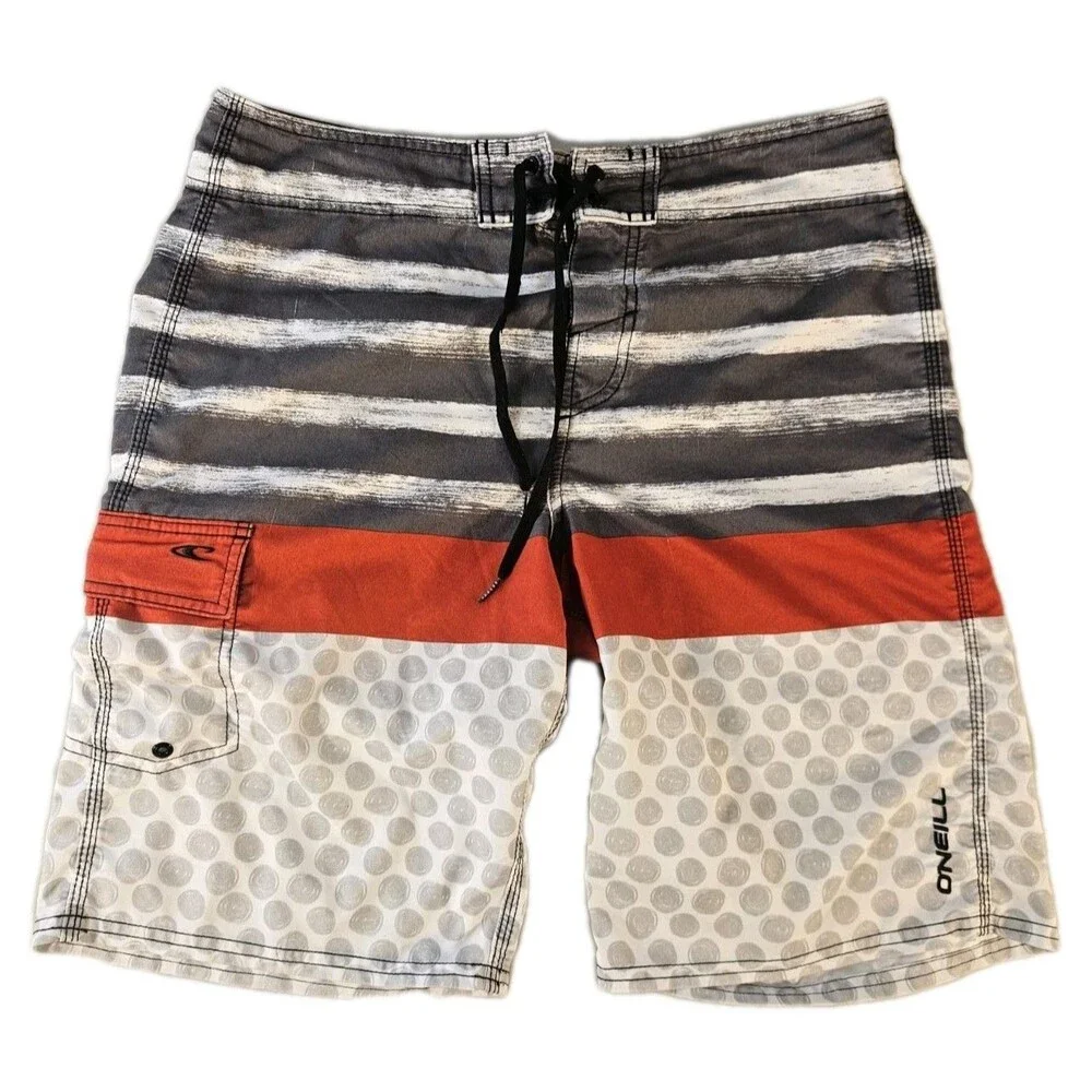 O'Neill Board Shorts Mens 32 Gray Red White Swim Trunks Surf Surfing